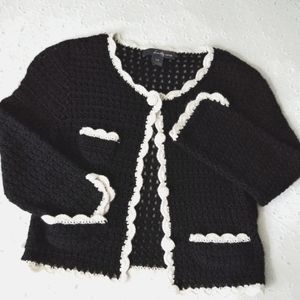 Black Crochet Knit Cardigan Forever 21 Long Sleeve Buttons Black White Trim S